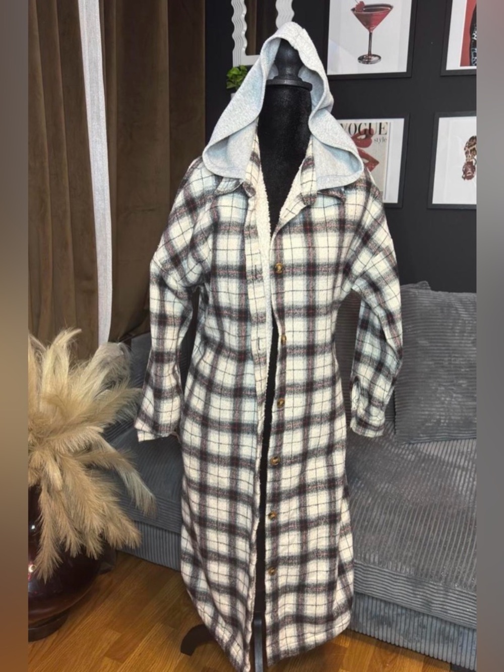 Plaid Hooded Long Coat - Cream & Brown size L